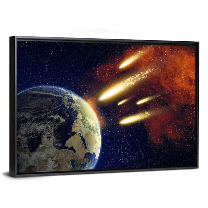 Earth and Flying Asteroids Wall Art as a framed canvas