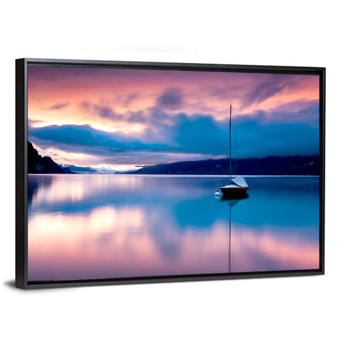 Lake Brienz Sunset with Sailboat Wall Art as a framed canvas