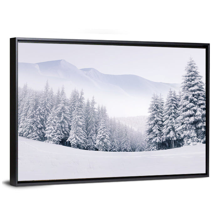Foggy Winter Mountains Wall Art as a framed canvas