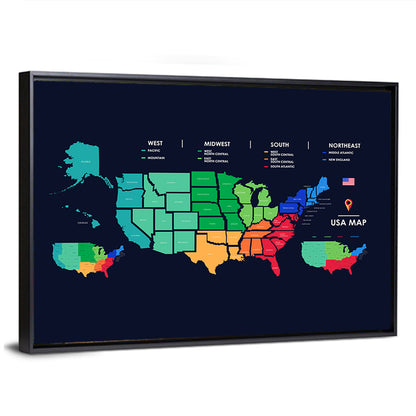 Color Coded US Regions Map Wall Art