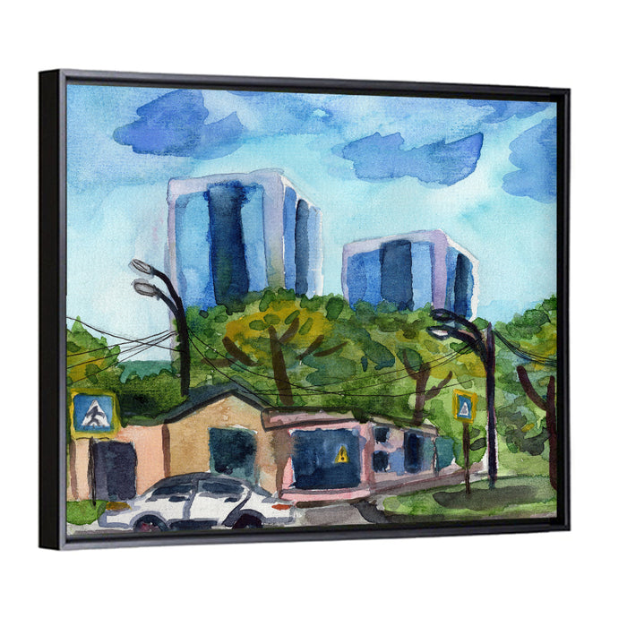 Business Center Sketch Wall Art as a framed canvas