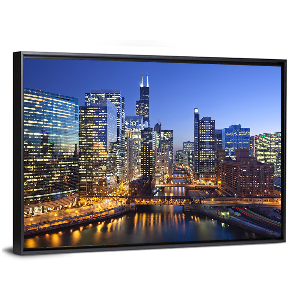 Chicago River Night Skyline Wall Art