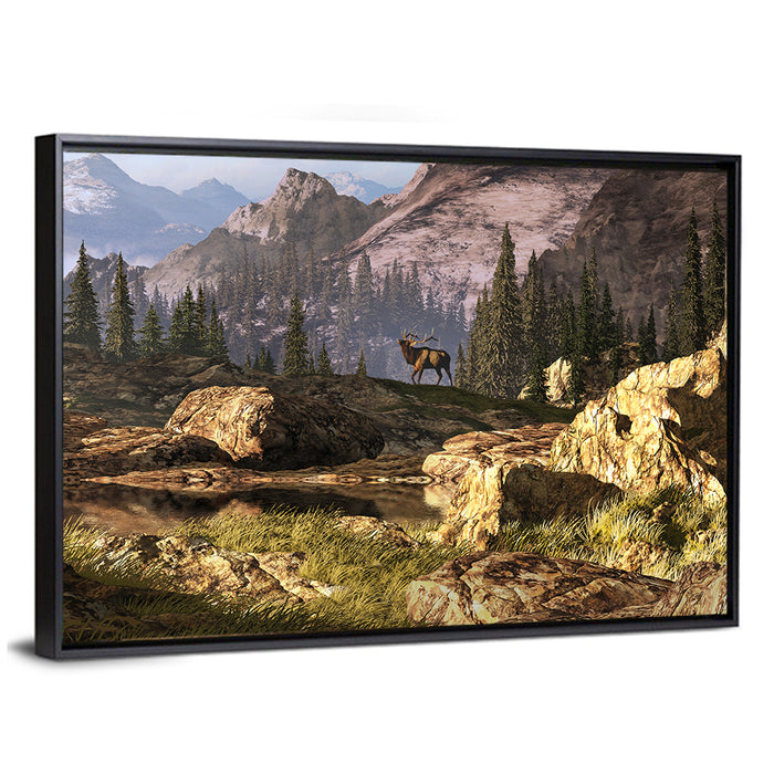 Elk in the Rocky Mountains Wall Art as a framed canvas
