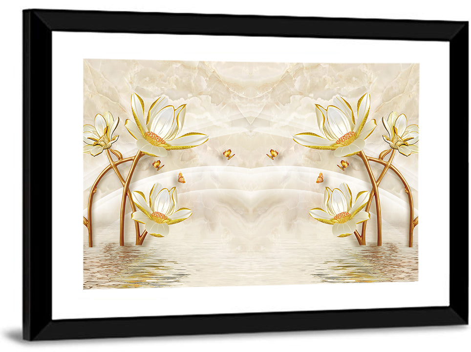 3d Lotus and Butterfly Illustration Wall Art