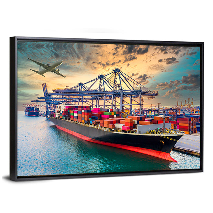 Container Ship in Harbor Wall Art as a framed canvas