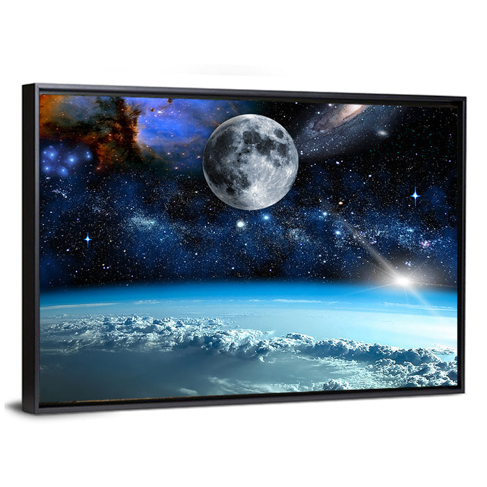 Earth and Moon Over Clouds Wall Art as a framed canvas