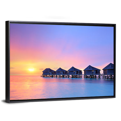 Maldives Sunset Over Water Bungalows Wall Art