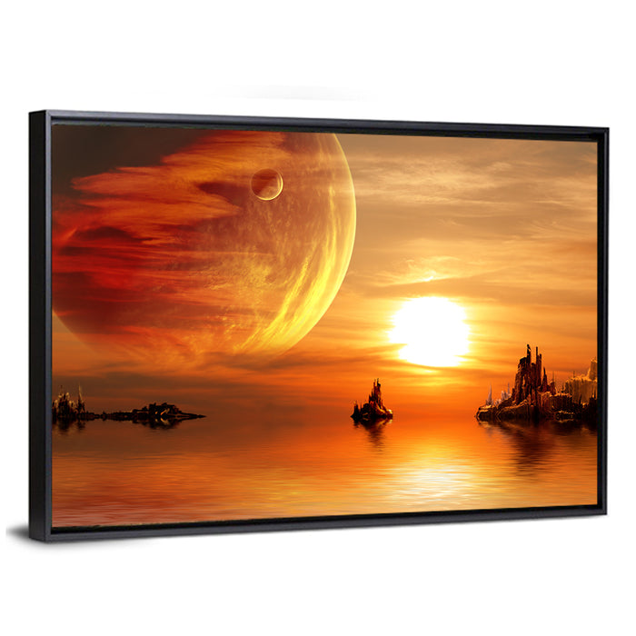 Alien Planet Sunset Wall Art as a framed canvas