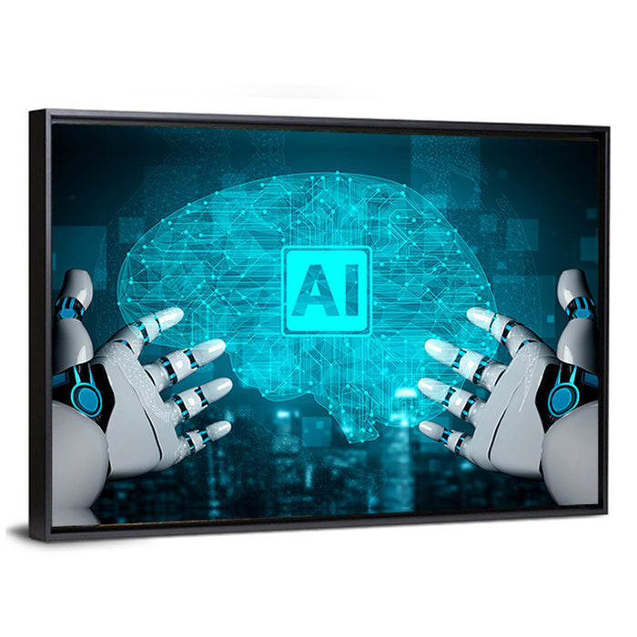 Glowing Ai Brain with Robotic Hands Wall Art as a framed canvas