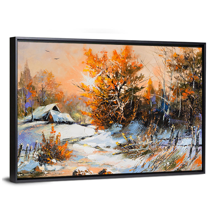 Winter Cottage Landscape Wall Art as a framed canvas