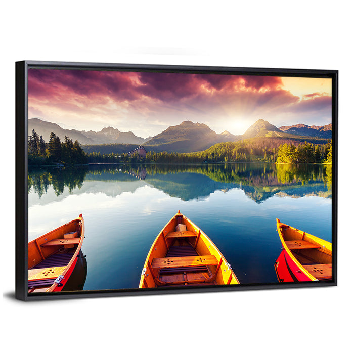 Three Boats on Slovak Mountain Lake Wall Art as a framed canvas