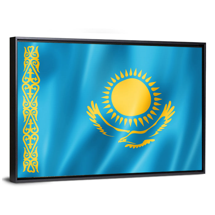Kazakh Flag with Sun and Eagle Wall Art as a framed canvas