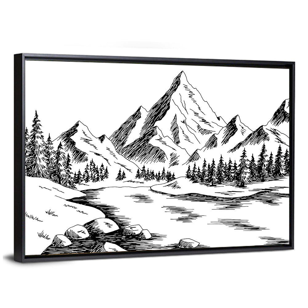 Monochrome Mountain Lake Sketch Wall Art