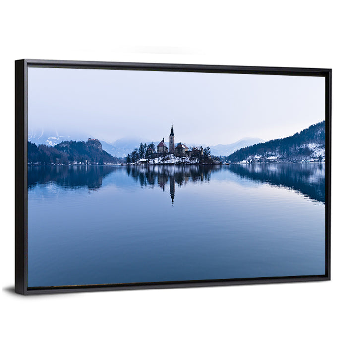 Bled Island Church in Winter Wall Art as a framed canvas