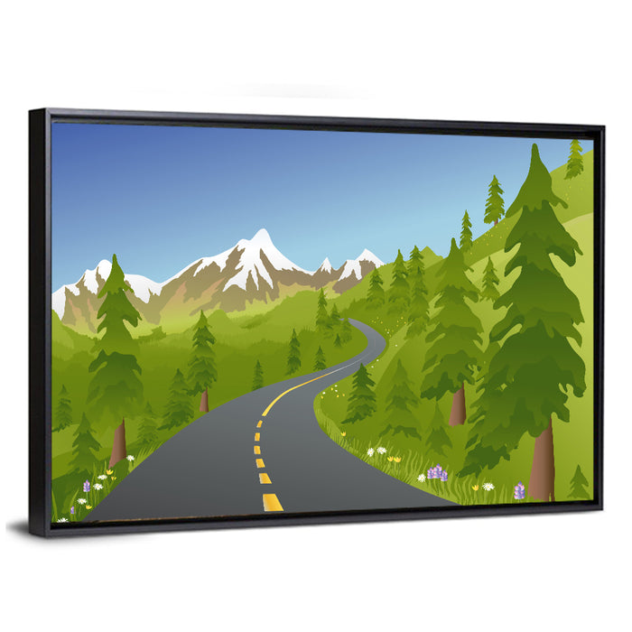 Summer Mountain Road Illustration Wall Art as a framed canvas