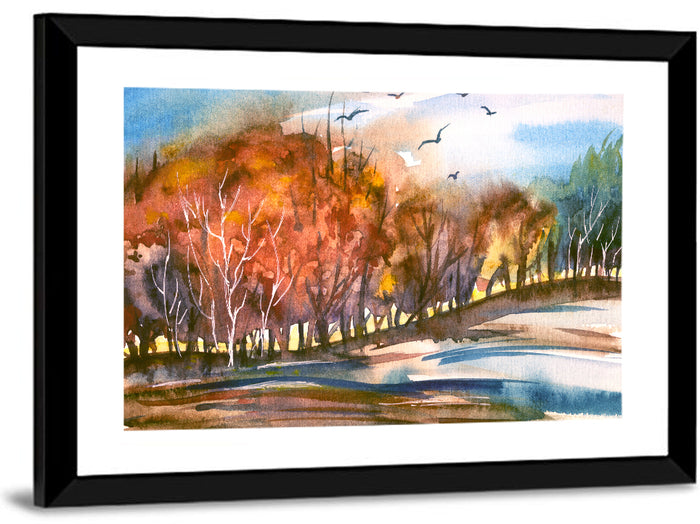Autumn Dusk Watercolor Landscape Wall Art as a framed print