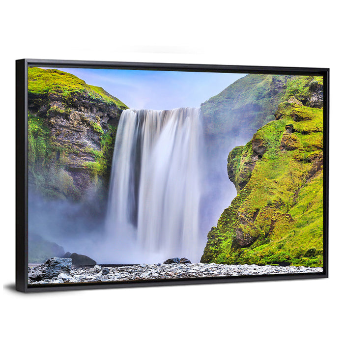 Mossy Skógafoss Waterfall Wall Art as a framed canvas