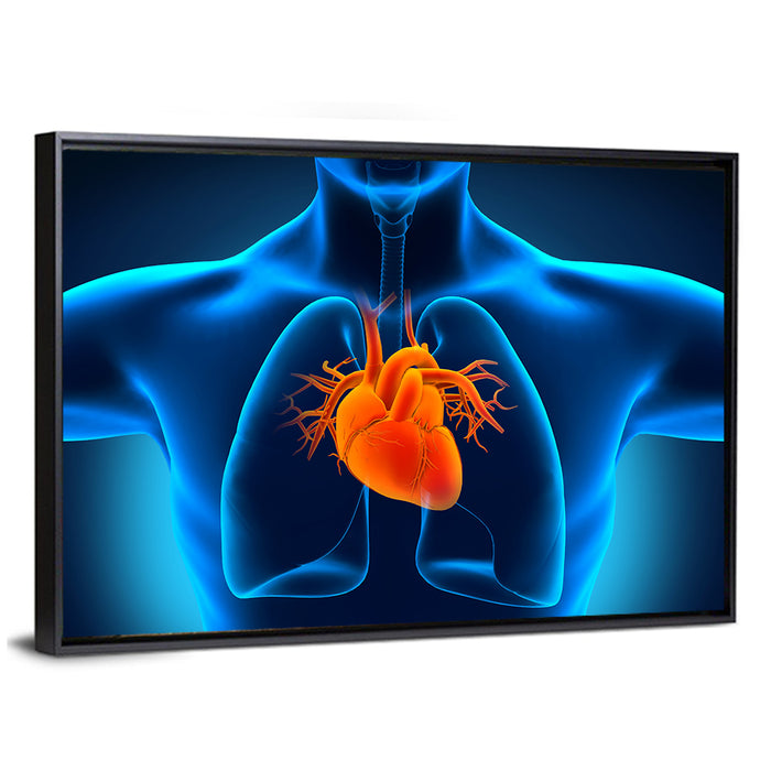 Glowing Heart Anatomy Illustration Wall Art as a framed canvas