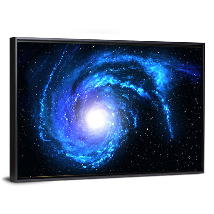 Glowing Blue Spiral Galaxy Wall Art as a framed canvas