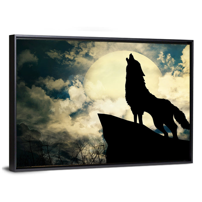 Howling Wolf Silhouette Against Full Moon Wall Art as a framed canvas