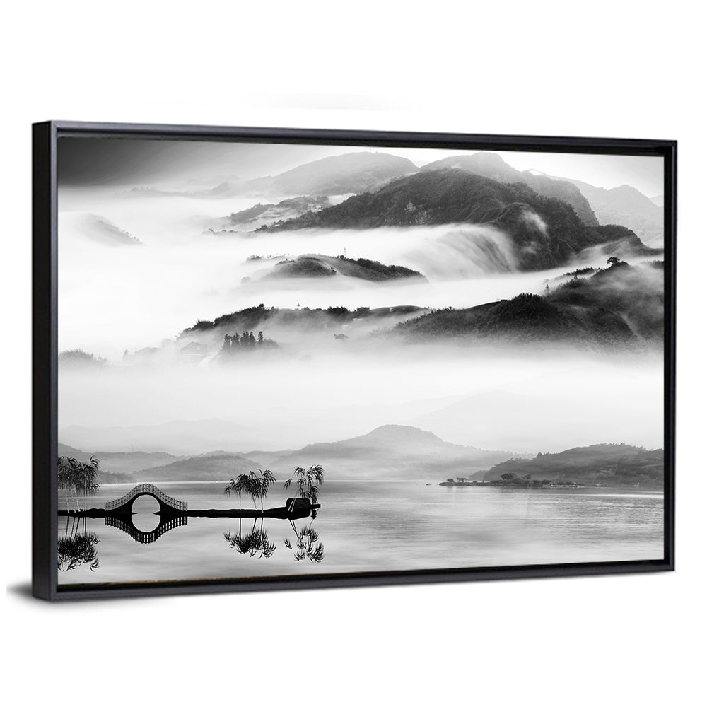 Misty Chinese Lake with Bridge Wall Art