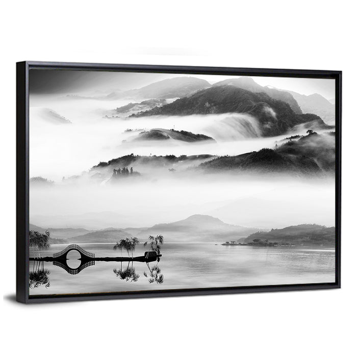 Misty Chinese Lake with Bridge Wall Art as a framed canvas