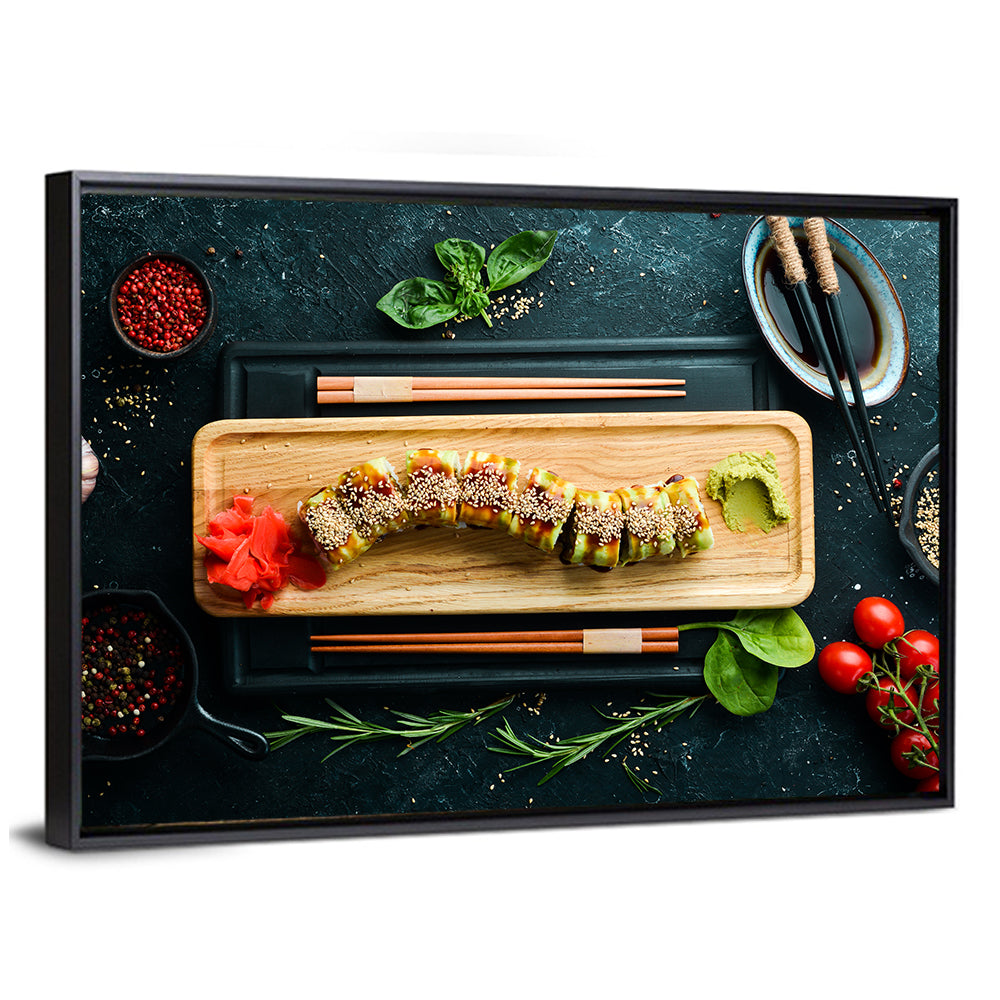 Top-down Sushi Roll with Chopsticks Wall Art