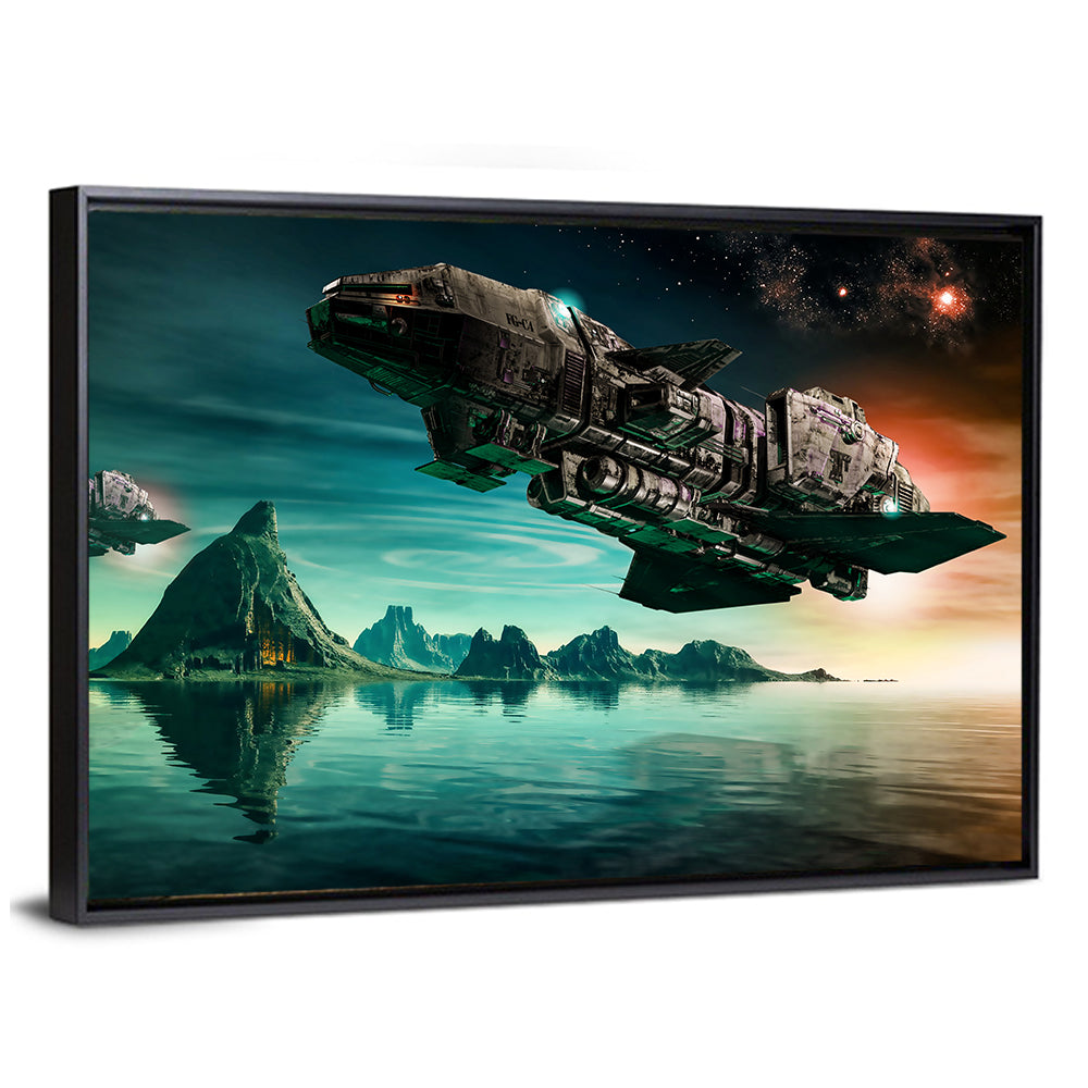 Dusk Battle Spacecraft Over Mountain Lake Wall Art