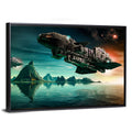 Dusk Battle Spacecraft Over Mountain Lake Wall Art
