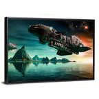 Dusk Battle Spacecraft Over Mountain Lake Wall Art