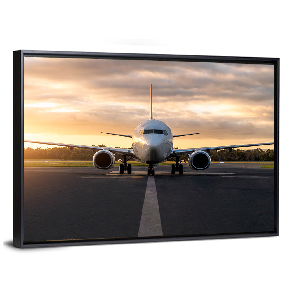 Front Facing Airplane on Runway at Sunset Wall Art