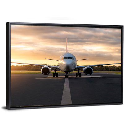 Front Facing Airplane on Runway at Sunset Wall Art