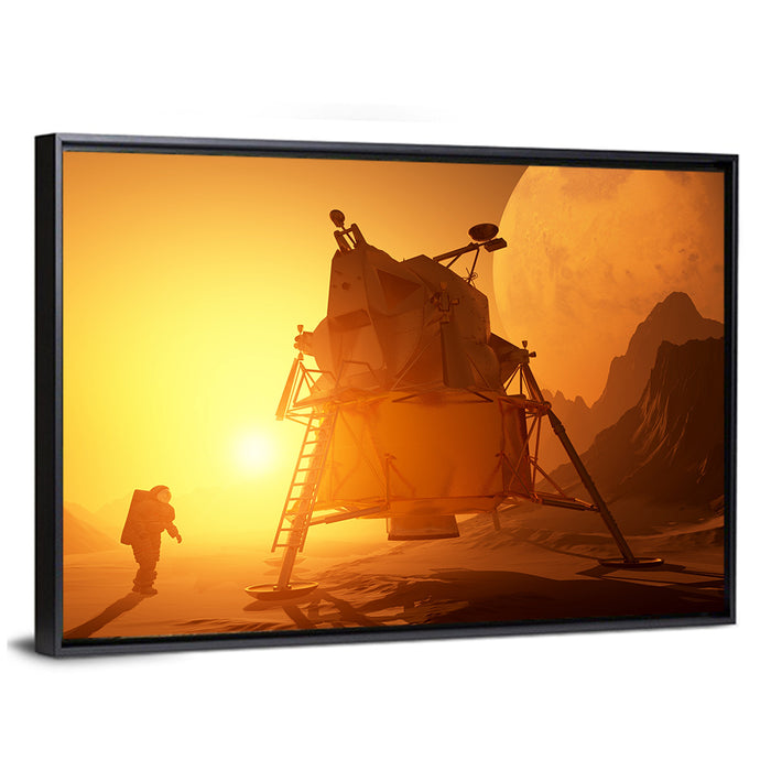 Moonwalker with Lunar Module at Sunset Wall Art as a framed canvas