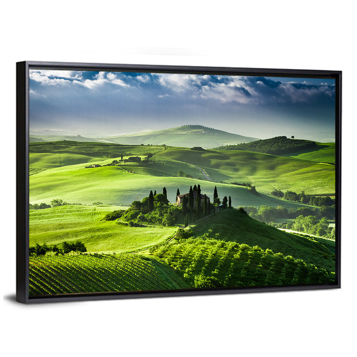Sunrise Over San Quirico D Orcia Valley Wall Art as a framed canvas