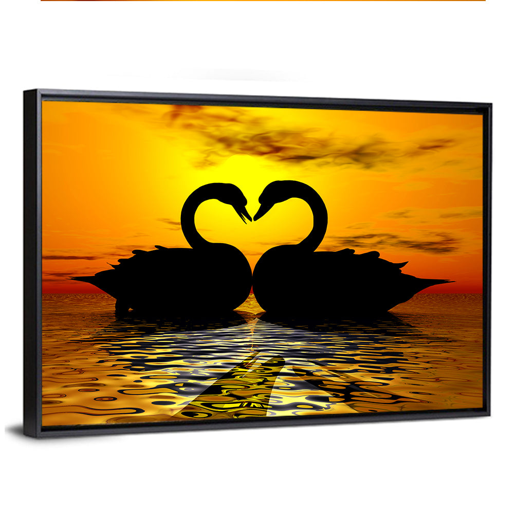 Swans Forming Heart at Sunset Wall Art