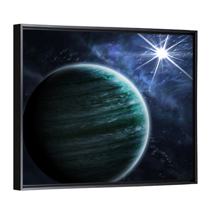 Blue Planet Closeup with Star Flare Wall Art as a framed canvas