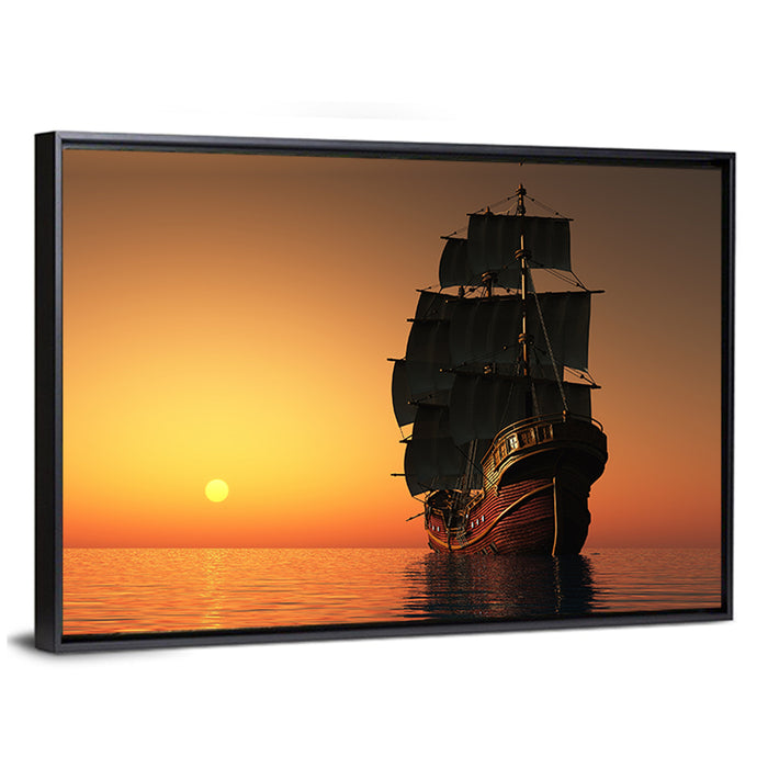 Sailing Ship at Golden Sunset Wall Art as a framed canvas