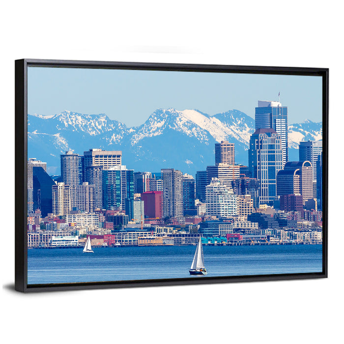 Seattle Skyline with Sailboats and Mountains Wall Art as a framed canvas