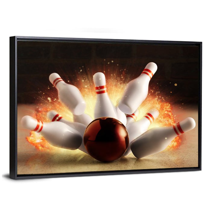 Fiery Bowling Strike Wall Art as a framed canvas