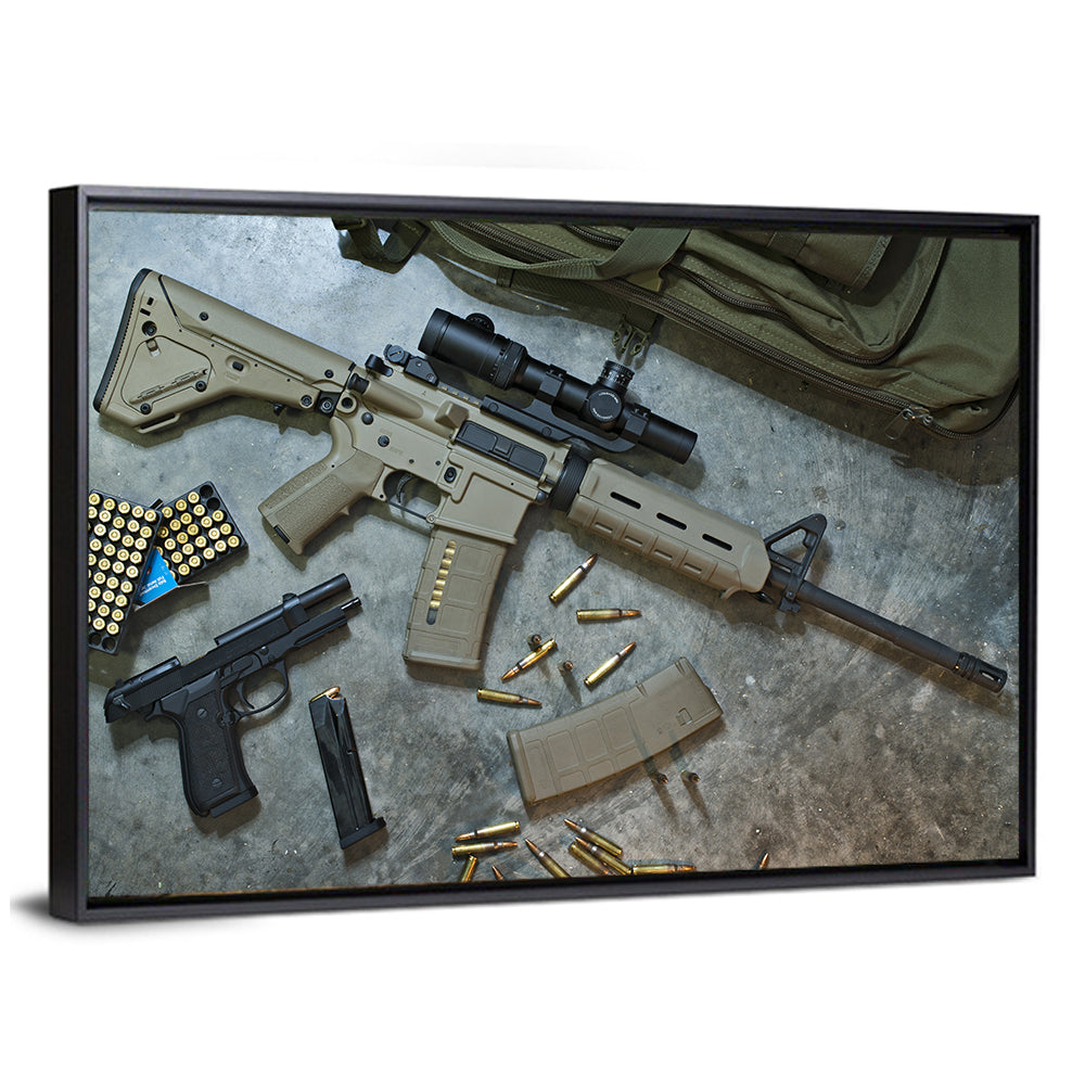 Scoped Rifle and Handgun with Ammo Wall Art