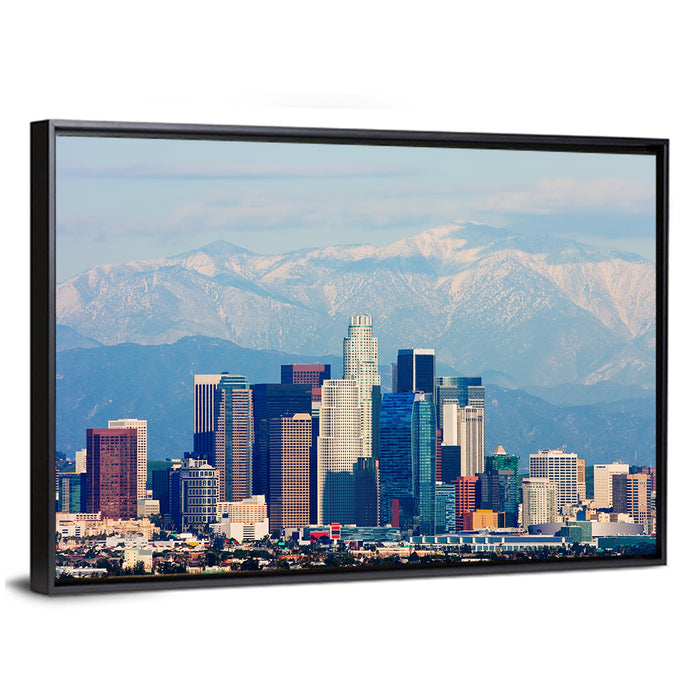 Los Angeles Skyline with Snowy Peaks Wall Art as a framed canvas