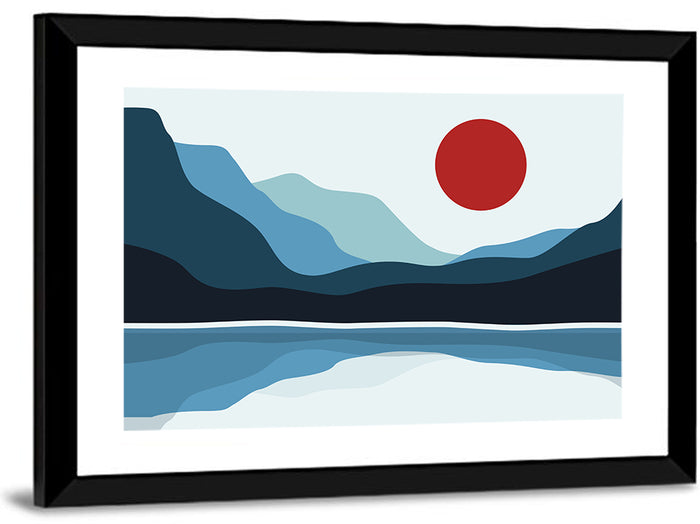 Layered Mountain Lake Illustration Wall Art as a framed print