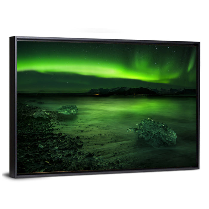 Aurora Polaris Over Icebound Shore Wall Art as a framed canvas