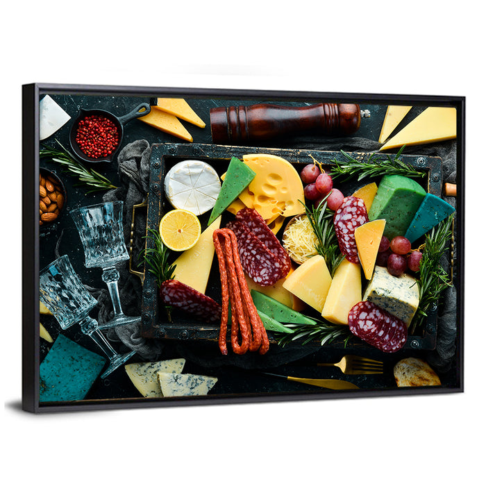 Charcuterie Tray with Wine Glasses Wall Art as a framed canvas