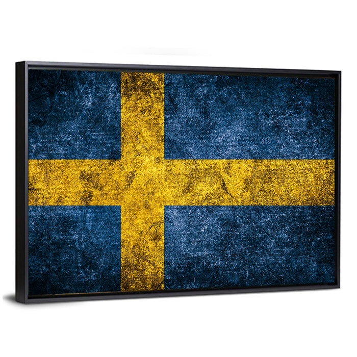 Distressed Sweden Flag Wall Art as a framed canvas