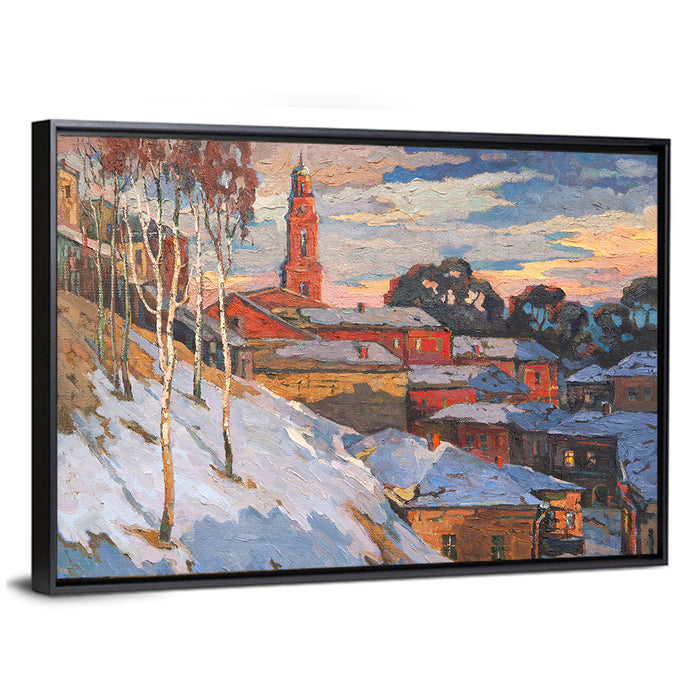 Winter Cityscape at Sunset Wall Art as a framed canvas