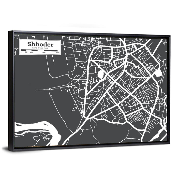 Shkoder City Map Albania Wall Art as a framed canvas