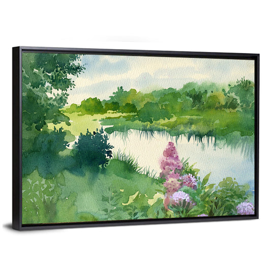 Lake Reflection with Purple Flowers Wall Art
