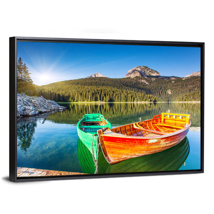 Boats at Black Lake Montenegro Wall Art as a framed canvas