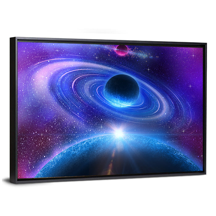 Starburst Over Ringed Planet Wall Art as a framed canvas